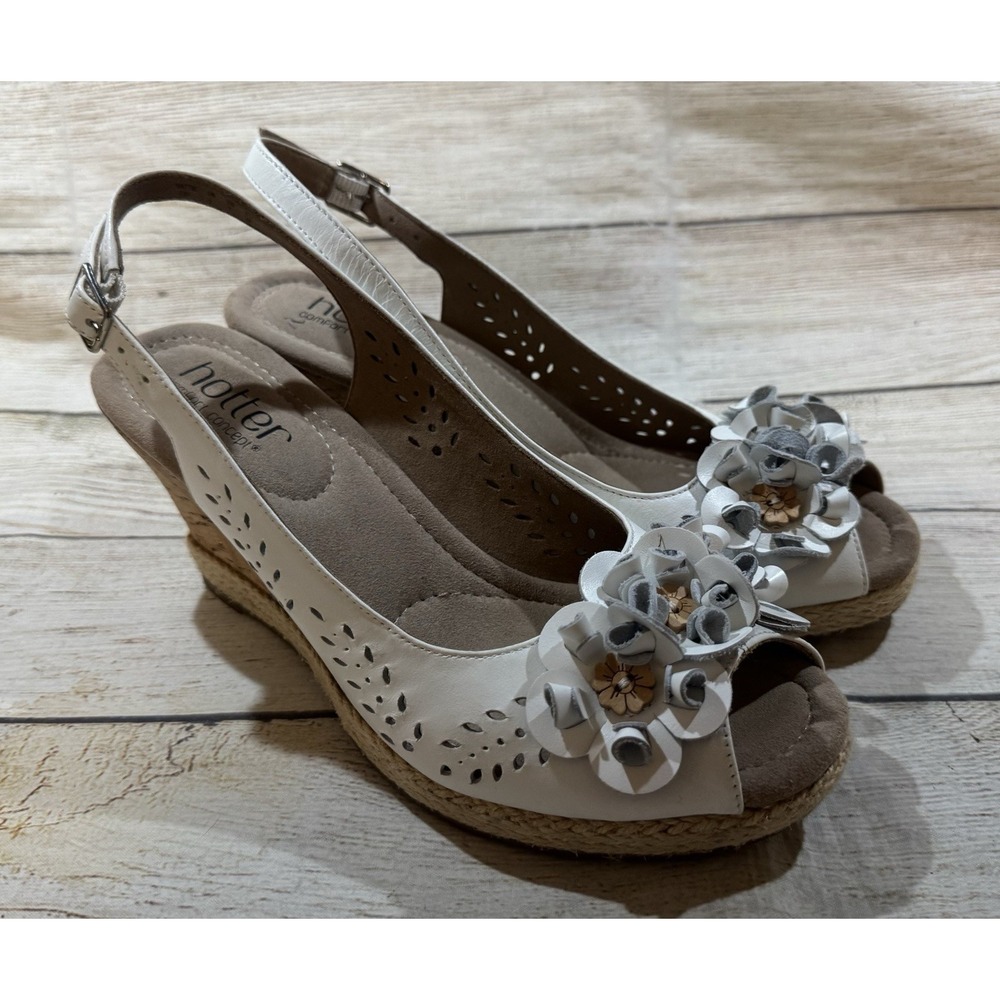 Hotter Hattie Peeptoe White Floral Cork Wedge Slingback Sandals Sz 7 US 38 EUR